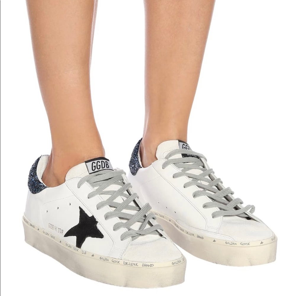 Golden Goose Hi Star Leather Sneakers White Black Star Blue Glitter